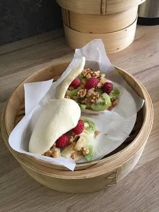 Gua Bao with Seasonal Fruit, Caramel and Roasted Nuts