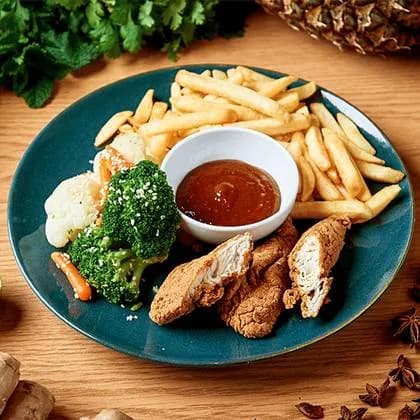 Chicken Strips with French Fries and Steamed Vegetables