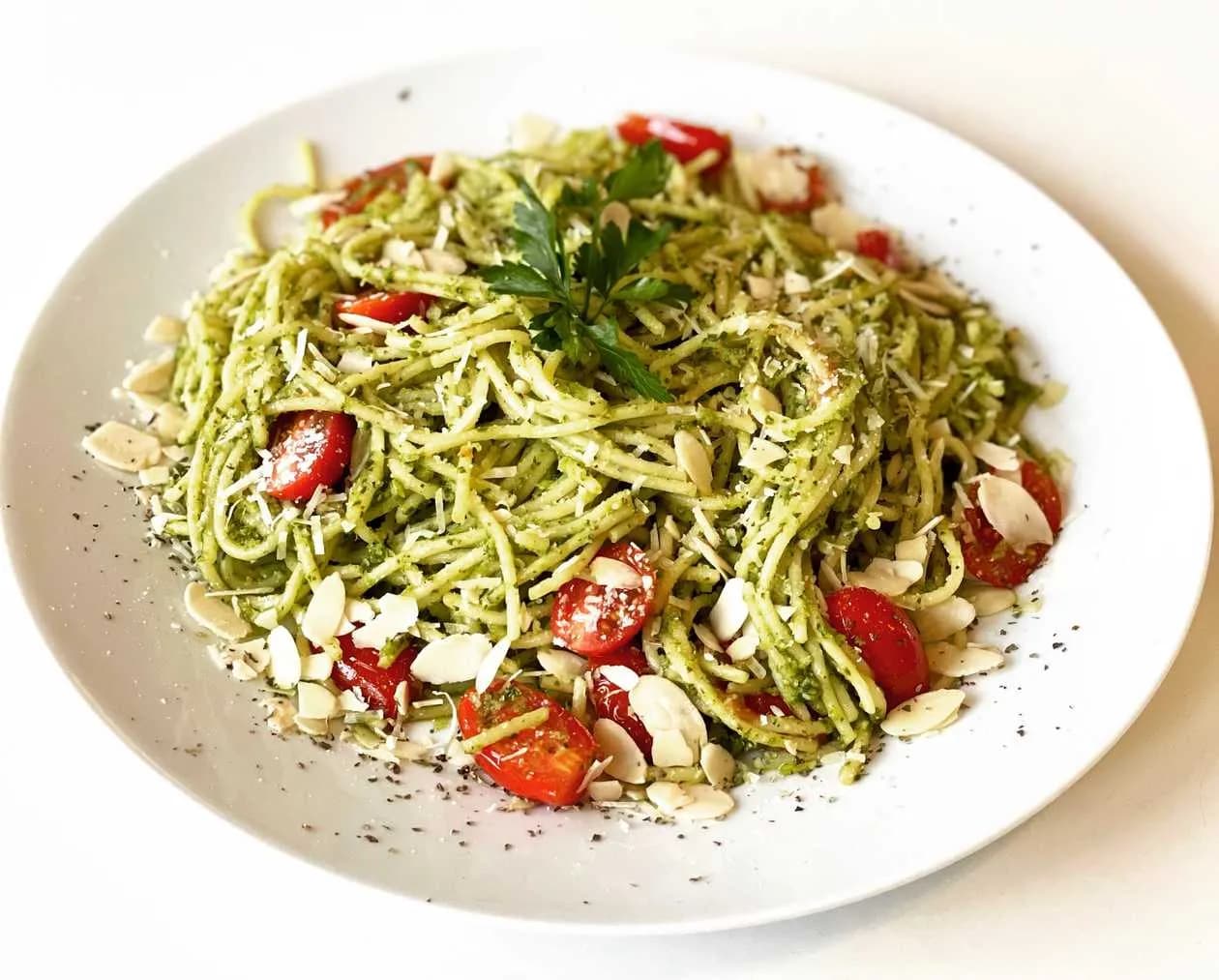 Spaghetti with Parsley-Leek Pesto and Cherry Tomatoes