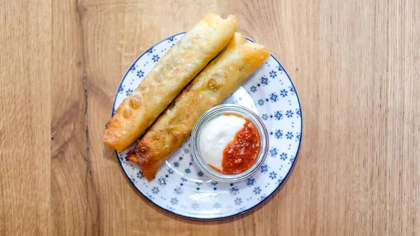 Crispy Borek with Spinach, Garlic and Ras El Hanout with Toum Sauce