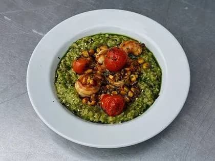 Porridge With Shrimps and Cherry Tomatoes