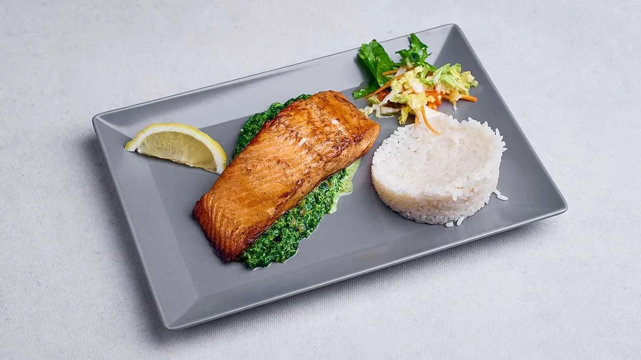 Fried Salmon with Spinach and Rice