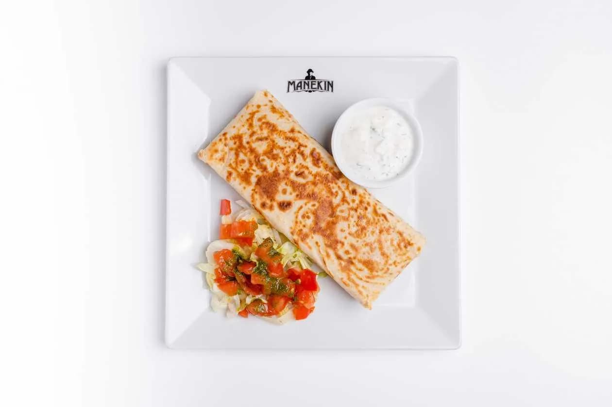 Corn Crepe - burrito; minced meat, salsa, beans, corn, chilli peppers, cheese, sauce