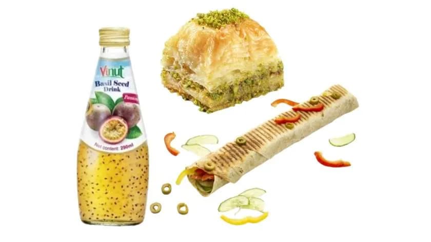 Rollo Kebab Tortilla, Napój - owoce pasji z nasionami bazylii, Baklava