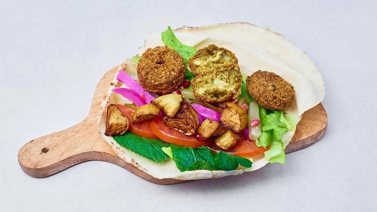 Falafel with Aubergine + Vegan Cheese