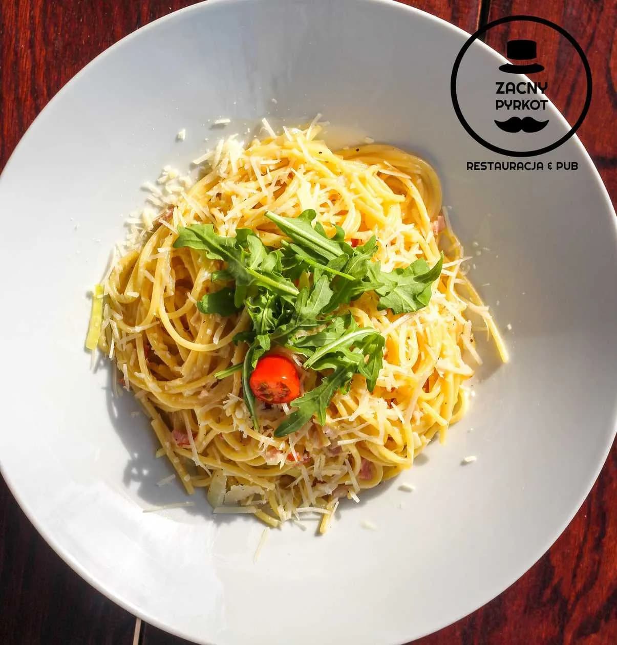 Italian Classic Spaghetti Carbonara with Egg and Bacon, Sprinkled with Parmesan Cheese