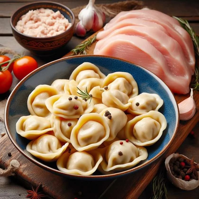 Pelmeni z  filetem z indyka.