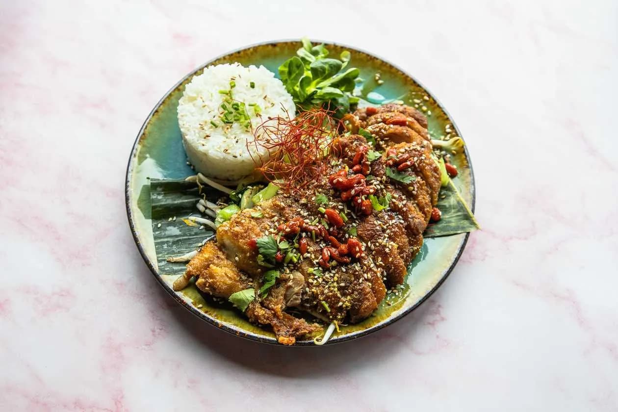 Duck teriyaki with vegetables and rice