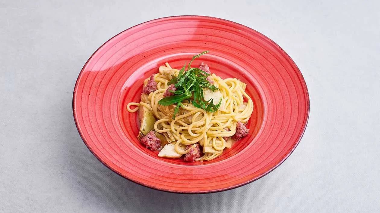 Spaghetti with Salsica and Artichokes