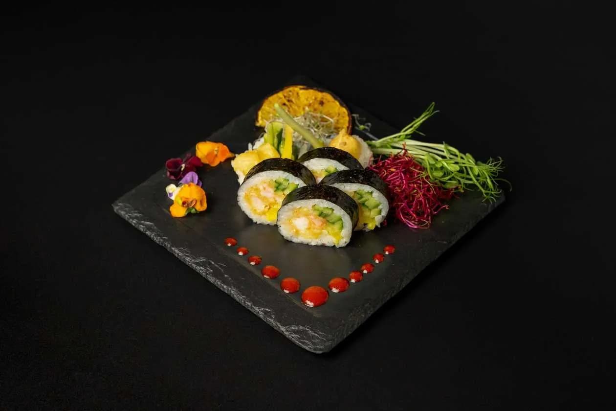 Futomaki steamed shrimp, mayo, oshinko, cucumber, avocado, lettuce