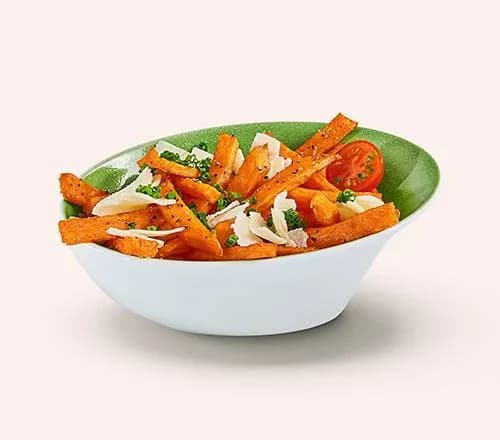 Knoblauch-Käse-Süsskartoffel-Fritten