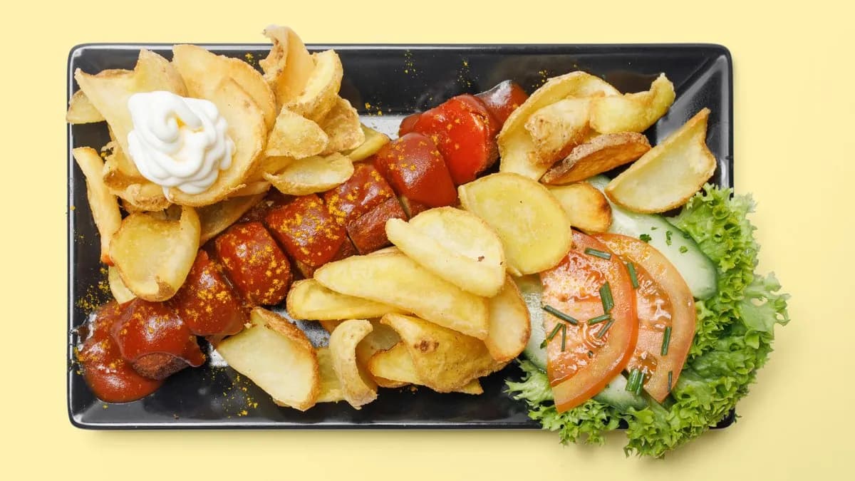 Vegan Currywurst mit Pommes frites
