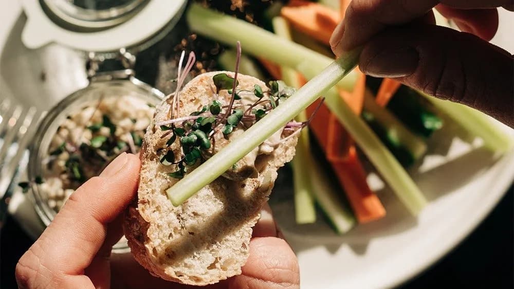 Padlizsánkrém, pirítós, friss zöldségek