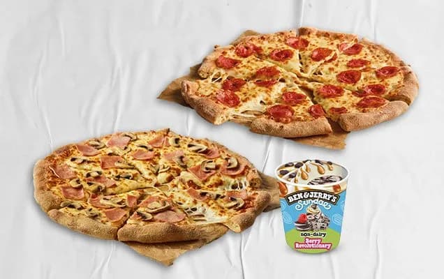 B&J MENU - 2X KÖZEPES MÉRETŰ PIZZA + 465ML B&J FAGYLALT