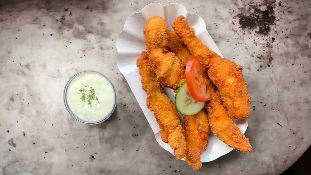 Rántott csirkemell csíkok sajtmártogatóssal