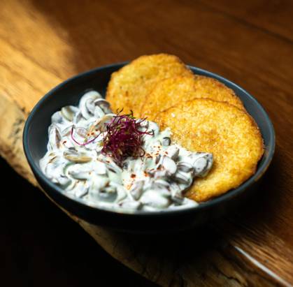 Potato pancakes mushrooms | sausages