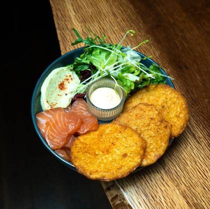 Potato pancakes with salmon