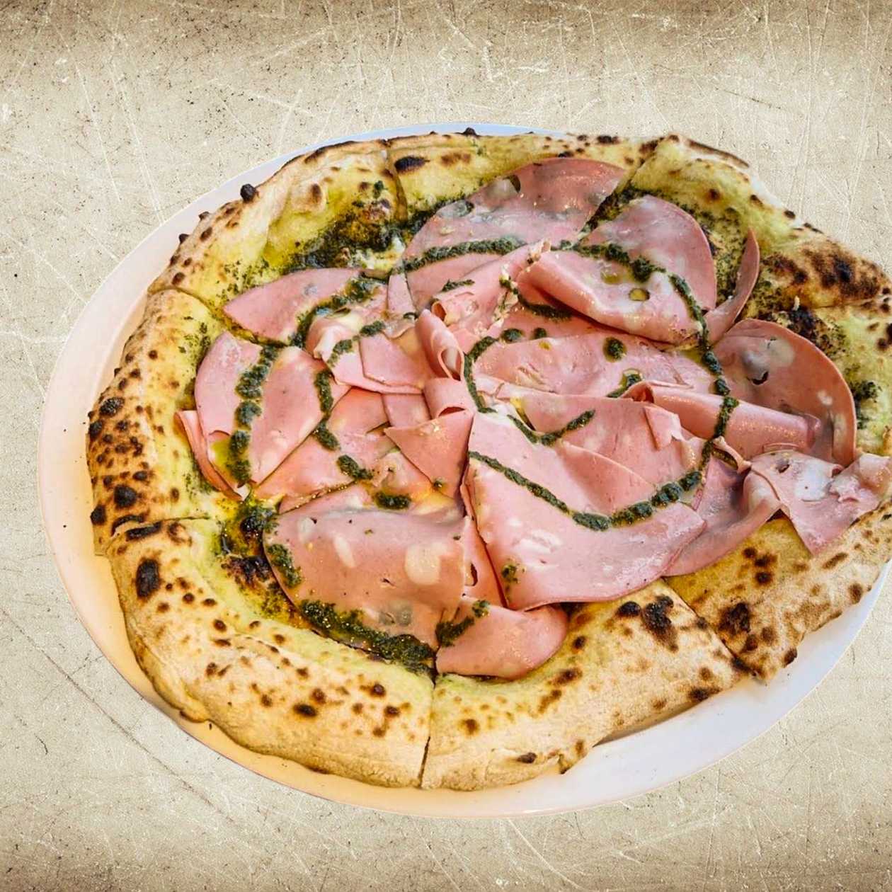 Pizza Mortadella with Basil Pesto