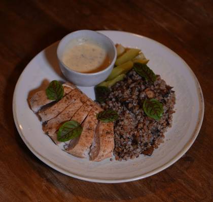 Chicken Fillet with Toasted Buckwheat Groats and Mushrooms, served with Creamy Truffle Sauce