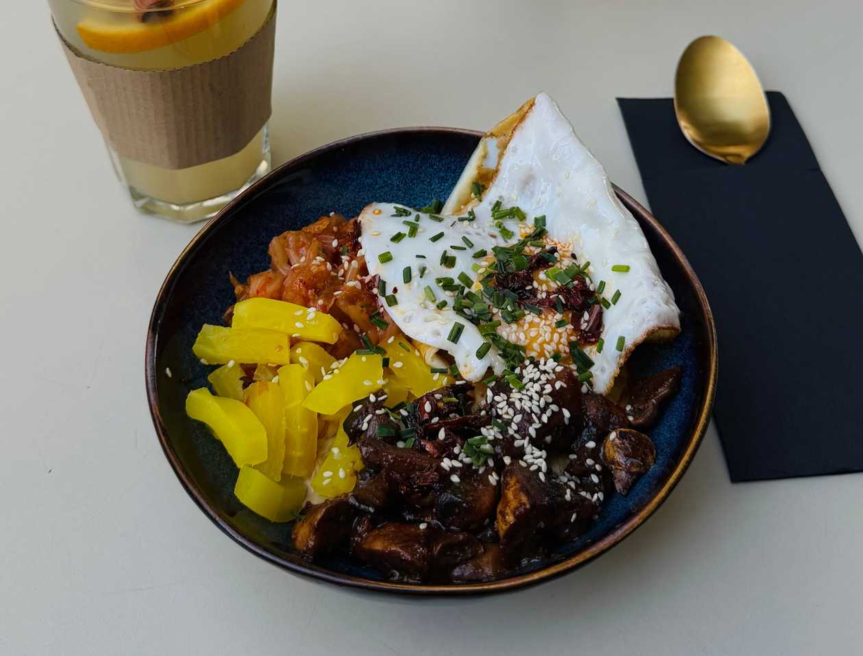 MISO OATS WITH KIMCHI & MUSHROOMS & FRIED EGG (V option )