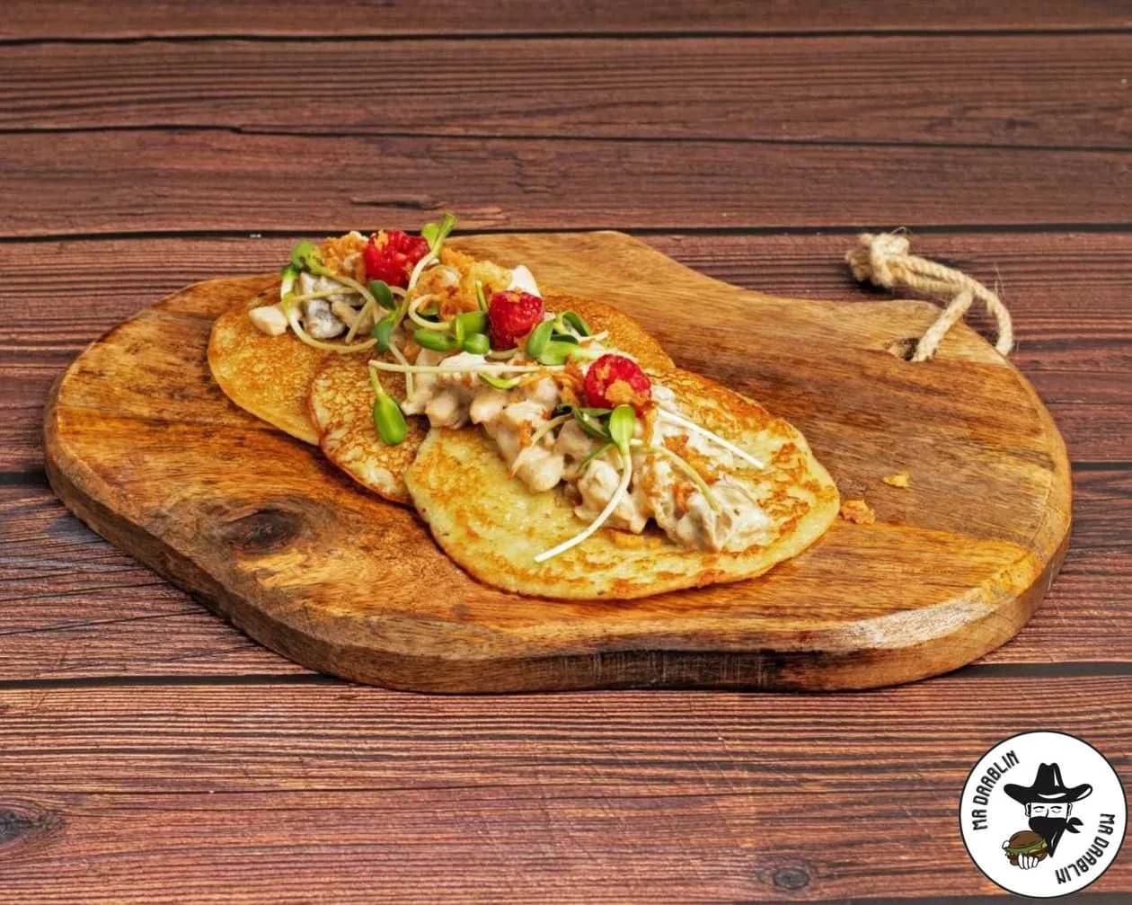 Pancakes with Cream Sauce with Champignons and Micro Herb Chicken