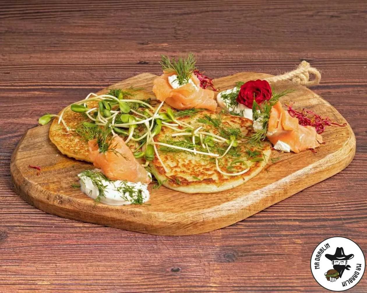 Potato Pancakes, Smoked Salmon Slices, Cream Cheese, Micro Herbs