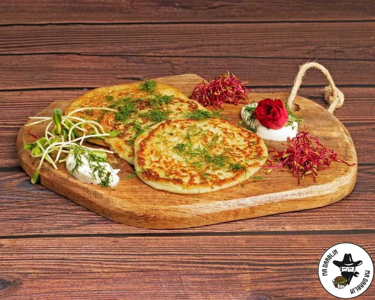 Potato Pancakes, Cream, Micro Herbs