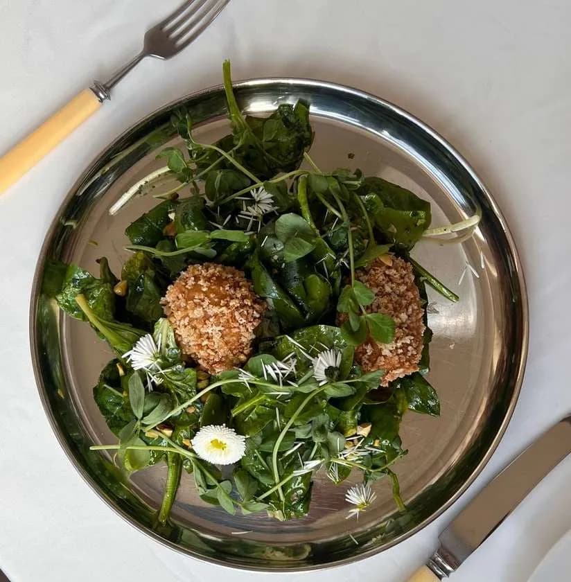 Soczysta sałatka z wiosennych pędów i sałat, jajka na miękko w chrupiącej panierce