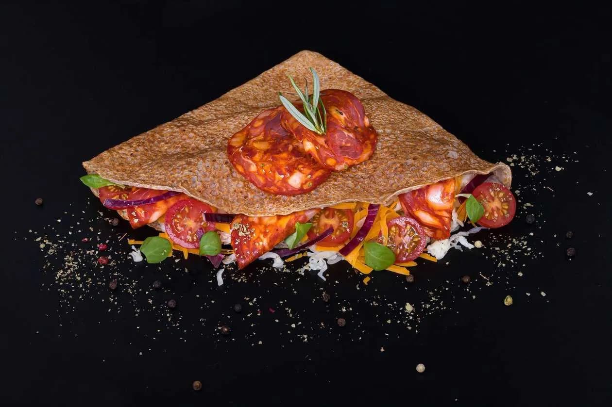 Crepe with Chorizo Sausage, Tomato Sauce and Cheese