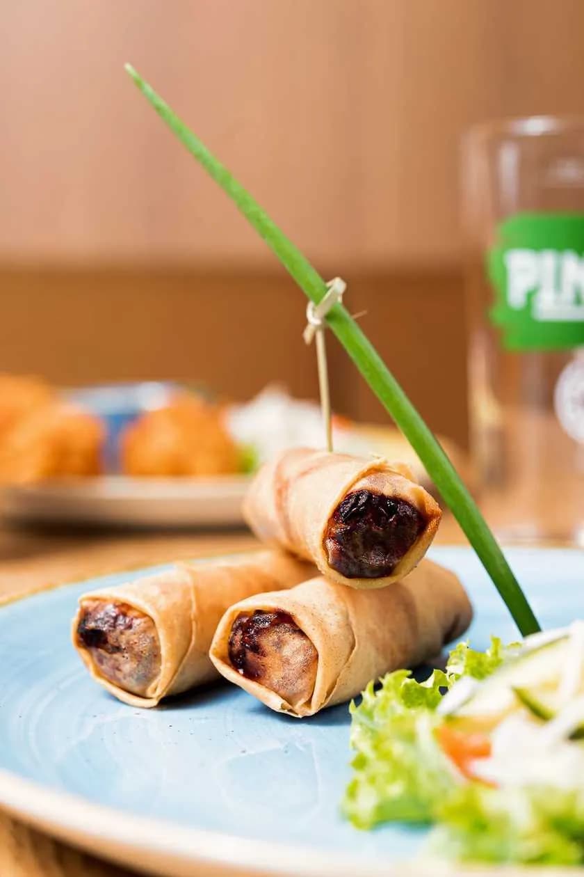 Fried Spring Rolls with Vegetables and Soy Noodles, Served with Sweet and Sour Sauce