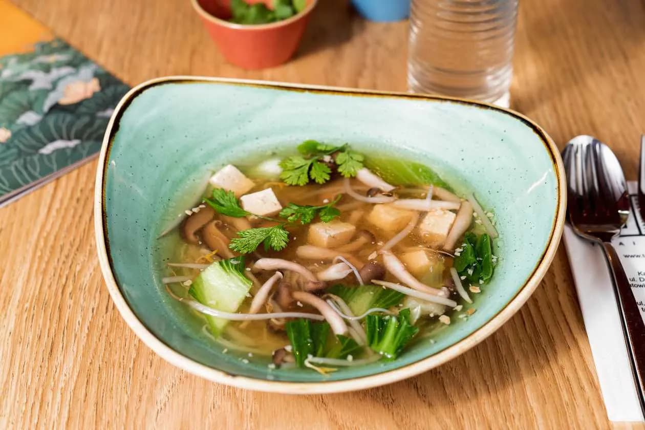 Vegetable Broth with Mung Bean Sprouts, Soy Noodles, Tofu, Pak Choi, Shimeji and Shitake