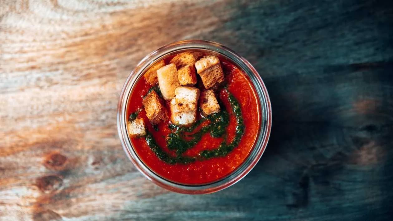 Creamy Tomato Soup with Basil Pesto and Garlic Croutons