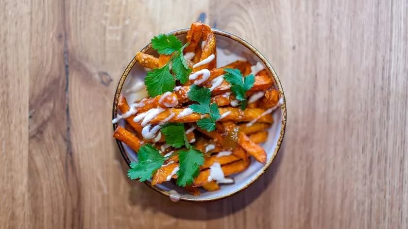 Sweet Potato Fries with Fig Jam, Tahina and Coriander