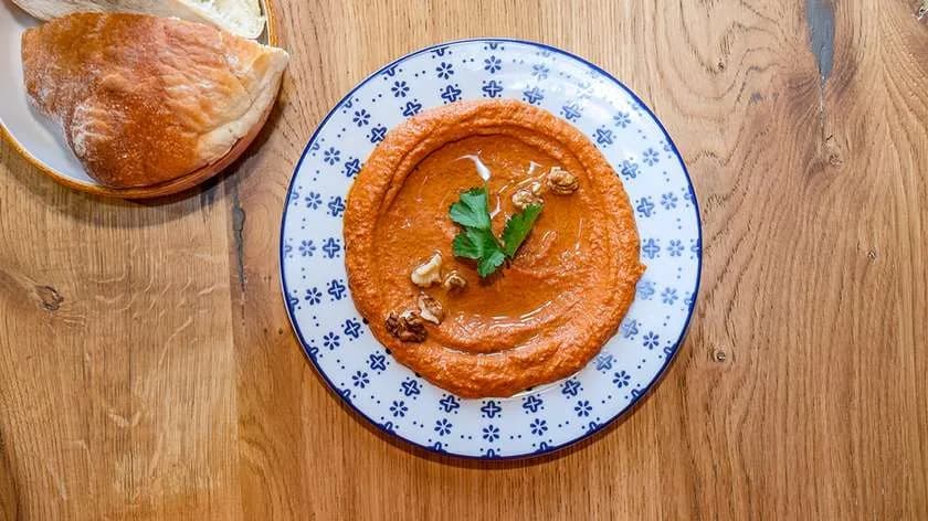 Muhammara with Roasted Peppers and Walnuts + Pita