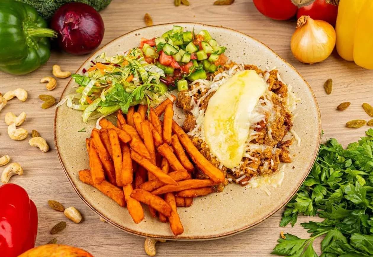 Vegan Kebab Plate with Cheese, Sweet Potatoes