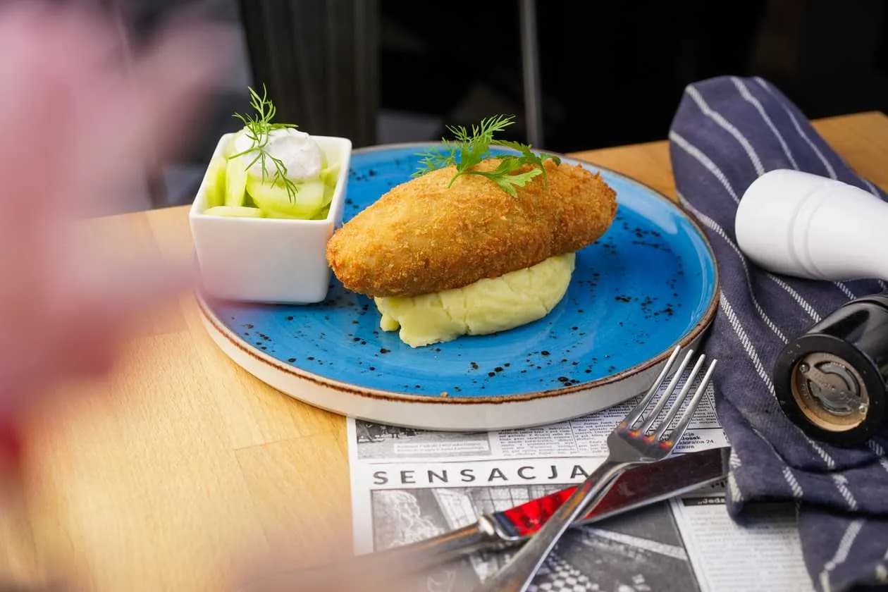 Devolay with Potato Puree and Cucumber Salad