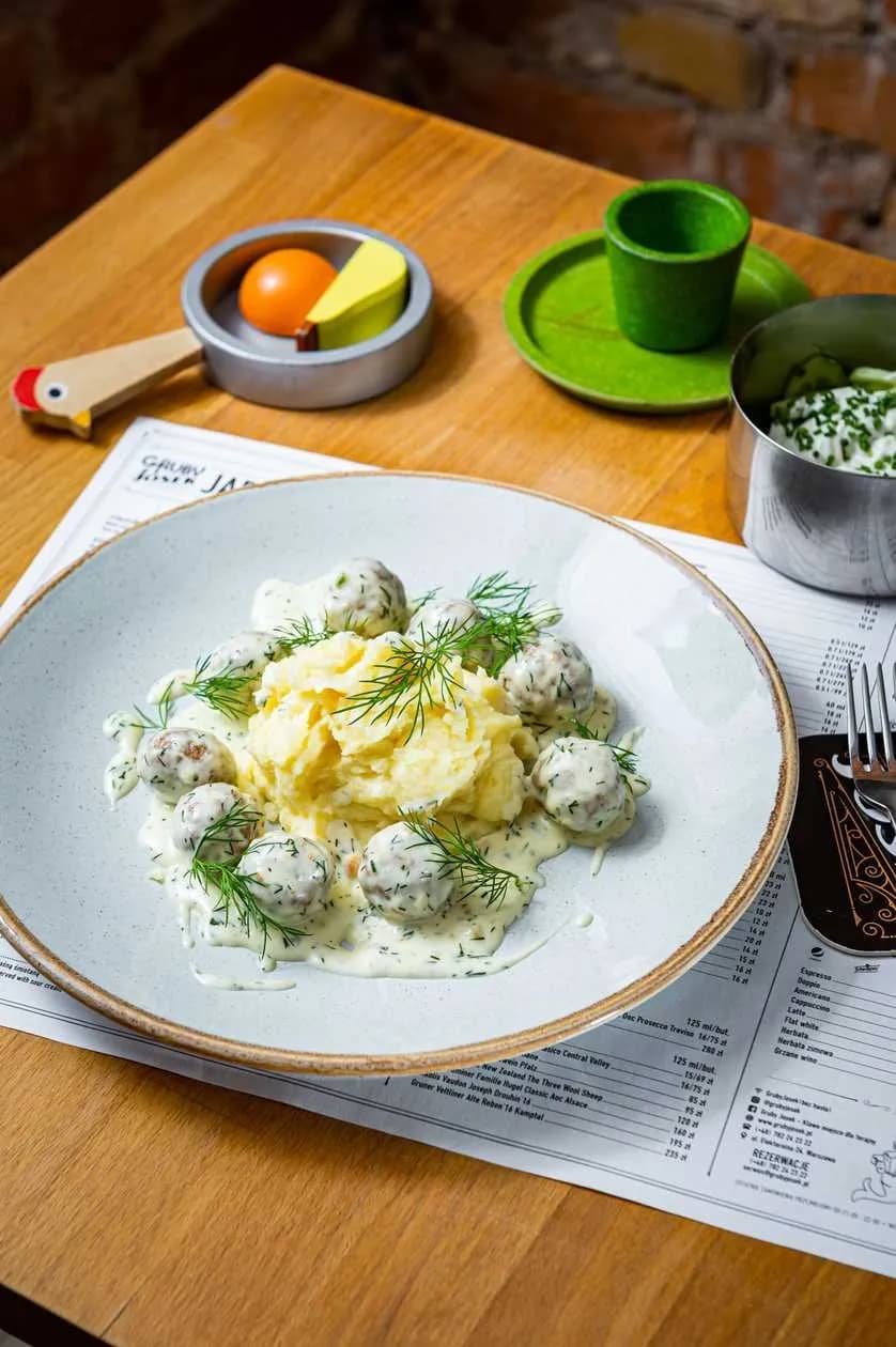 Pork Meatballs in Cream Sauce with Dill, Mashed Potatoes, Cucumber Salad
