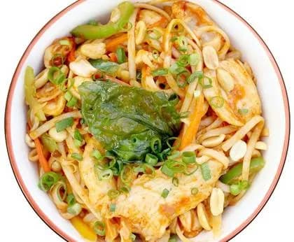 Udon Noodles with Chicken, Vegetables, and Peanuts in Pad Thai sauce (350g)