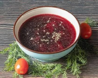 Red borscht with meat ravioli