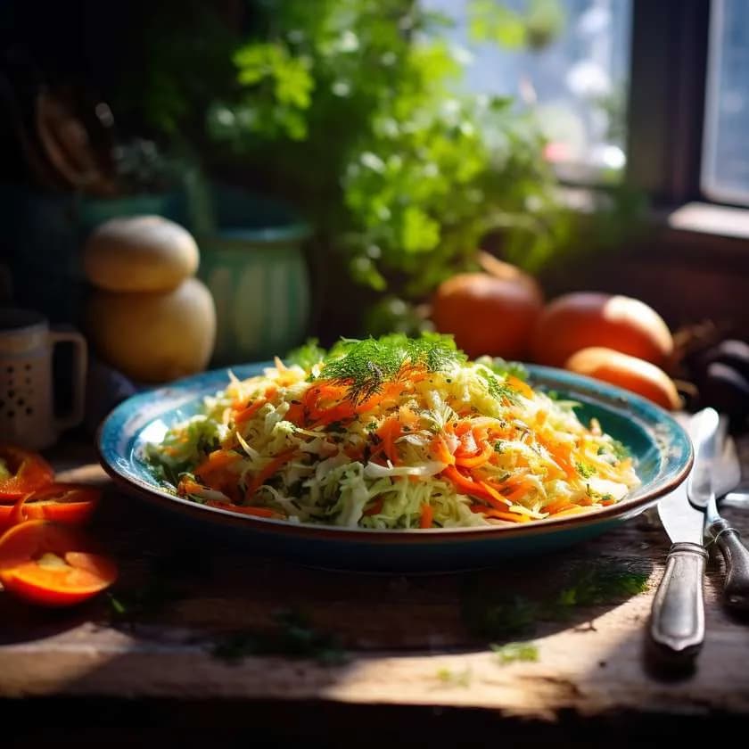 Sałatka z młodej kapusty z tartej marchewką.