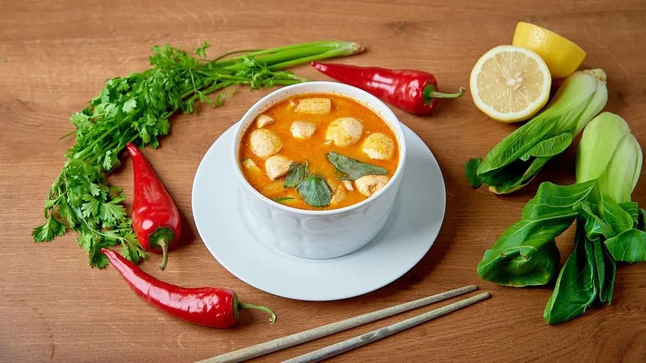 Tom Yum Soup with Rice Mild and aromatic Thai soup based on galangal and coconut milk