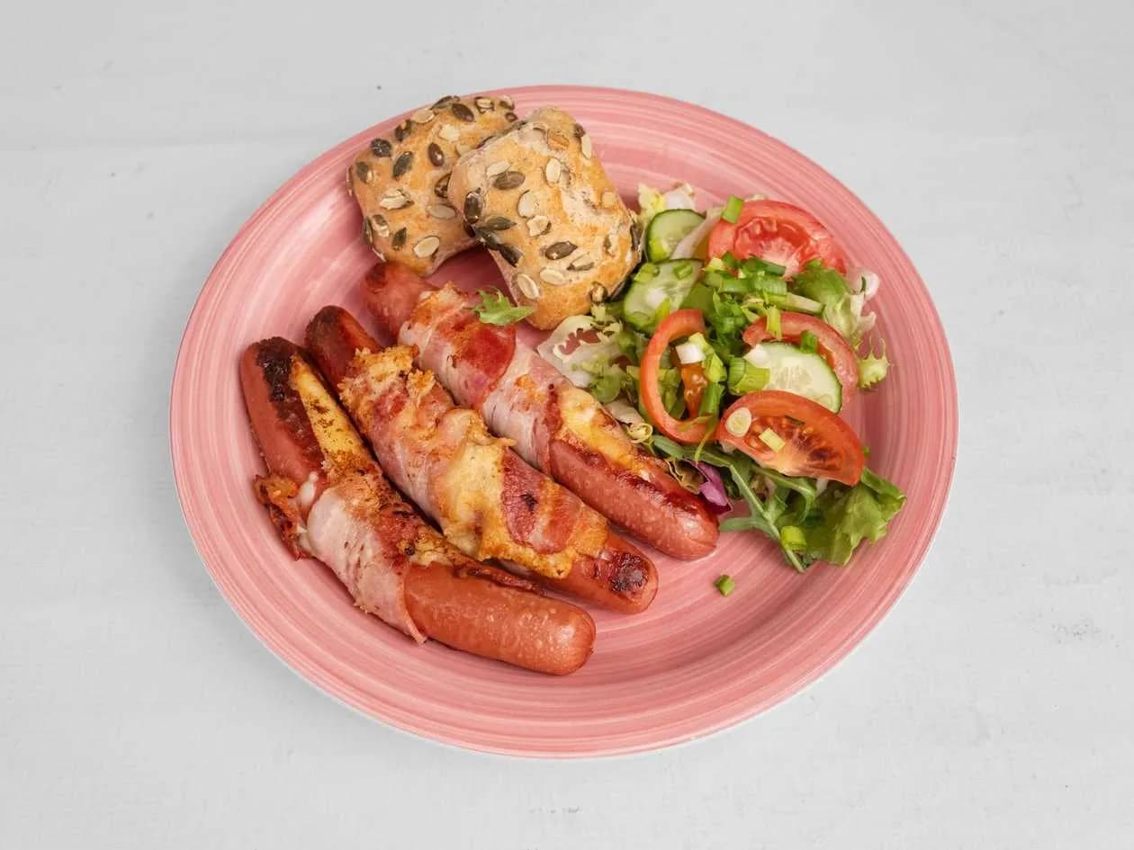 Canadian Style Sausages 3 Pcs with Cheese and Bacon, Butter, Bread, Tomato, Green Cucumber, Chives