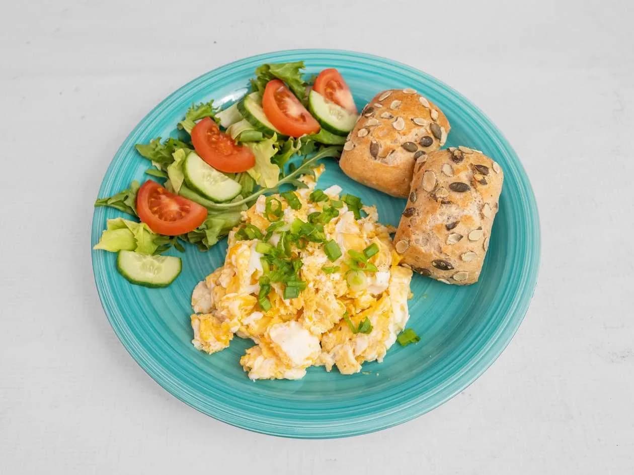 3 Scrambled Eggs, with Chives, Butter, Bread, Lettuce Mix, Tomato, Green Cucumber, Chives