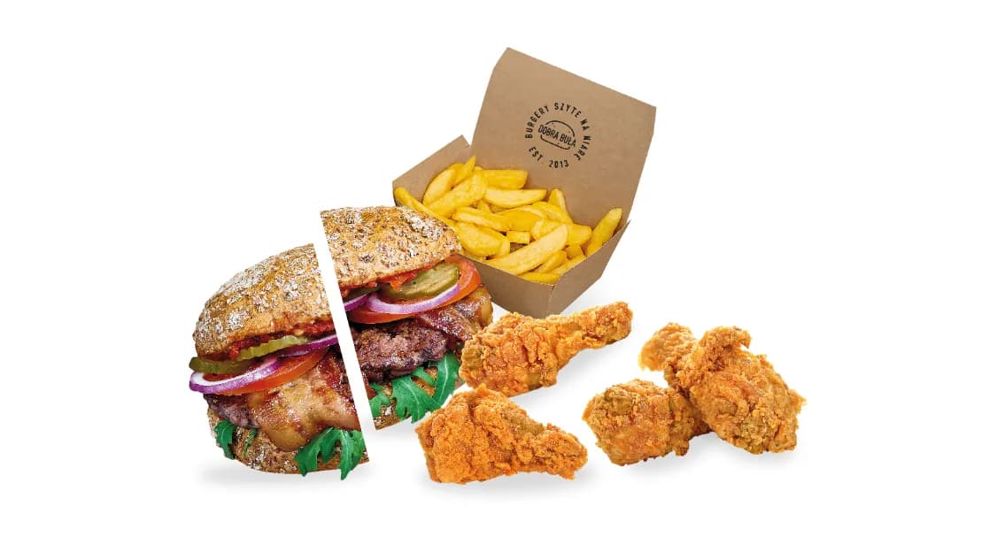 Zestaw: Bekon Burger, 4 szt panierowanych skrzydełek plus duze frytki.