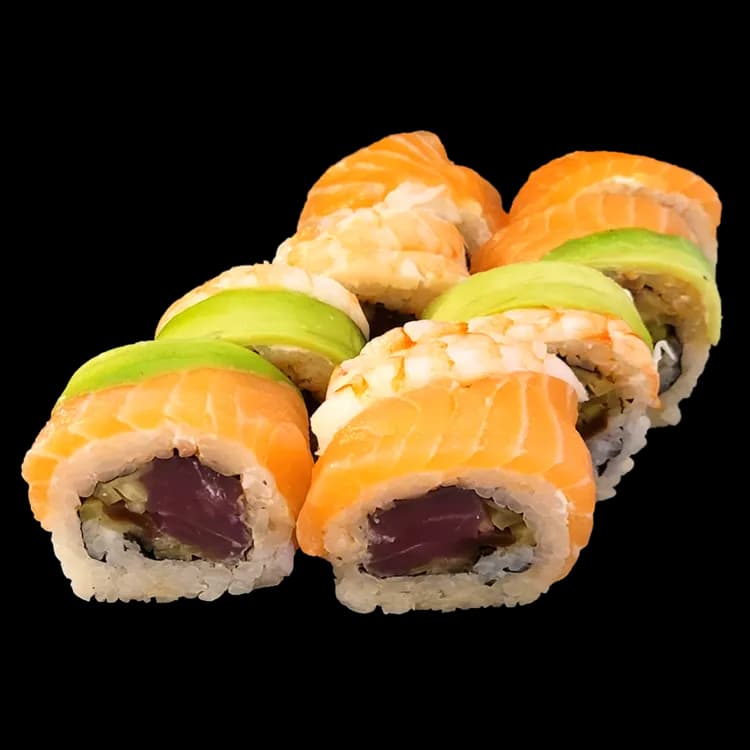 Rainbow w łososiu, krewetce i awokado