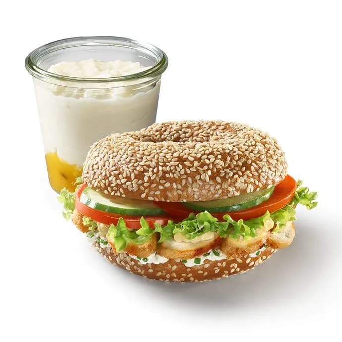 Zestaw Śniadaniowy Bajgiel z kurczakiem + Puding ryżowy z Mango