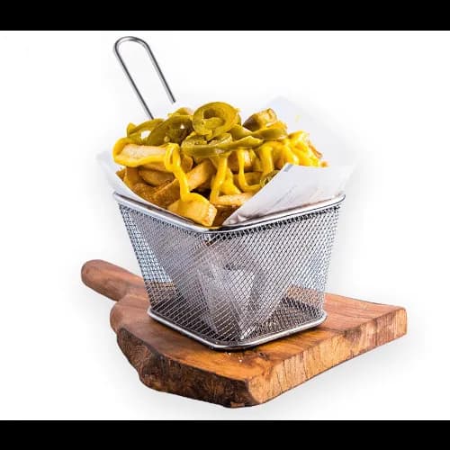 Homemade fries with cheese sauce and jalapeno