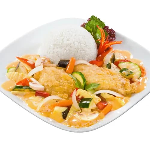 Breaded fish in red curry sauce