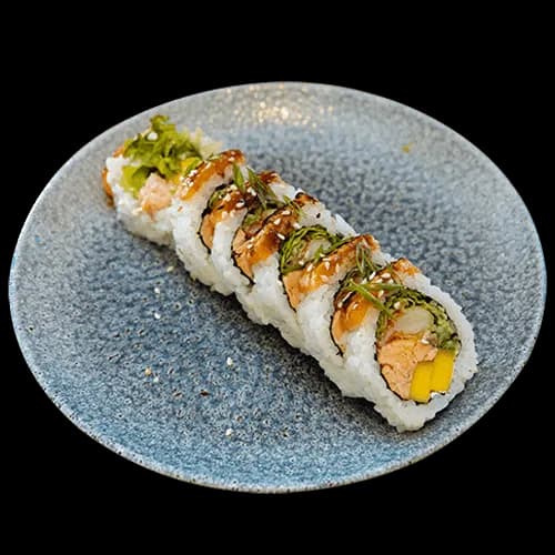 Uramaki z pieczonym łososiem teriyaki i mango
