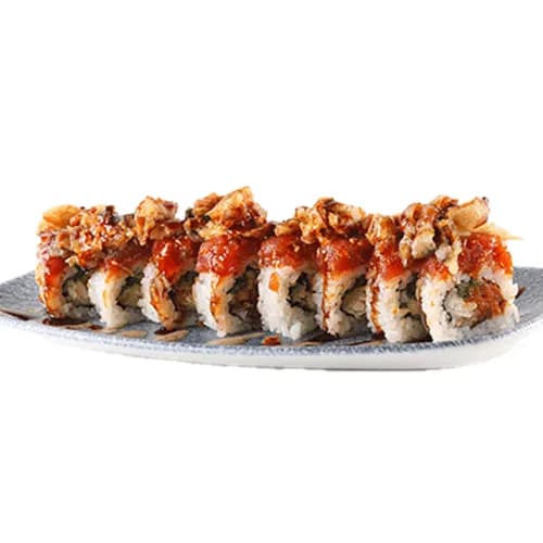 Uramaki z tatarem z tuńczyka i węgorzem w tempurze